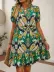 Kadın Kısa Kollu V Yakalı Desenli Kısa Süprem Elbise - 2XL-3XL - Yeşil 2