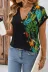 Kadın Kısa Kollu V Yakalı önden Düğmeli Leopar Desen Detaylı Viskon Bluz - L-XL - Yeşil 2