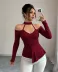 Kadın Omuzlardan Açık Yarı Balıkçı Yaka Uzun Kollu V Yakalı Onu Pileli Viskon Bluz - 2XL-3XL - Bordo 1