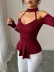 Kadın Omuzlardan Açık Yarı Balıkçı Yaka Uzun Kollu V Yakalı Onu Pileli Viskon Bluz - 2XL-3XL - Bordo 2