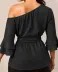 Kadın Tek Omuzdan Acık Truvakar Kollu Belden Kuşaklı Sofya Bluz - 2XL-3XL - Siyah 4