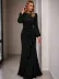 Kadın Uzun Kollu Bisiklet Yakalı önden Fırfırlı Uzun Janjan Krep Elbise - 2XL-3XL - Siyah 2