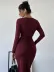 Kadın Uzun Kollu Derin Gögüs Detaylı Belden Bağcıklı Uzun Dalgıç Elbise - 2XL-3XL - Bordo 3
