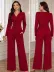 Kadın Uzun Kollu Kruvaze Yakalı Yan Tarafı Taşlı Ithal Krep Bluz Ve Pantolon Ikili Takım - 2XL-3XL - Kırmızı 1