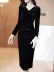 Kadın Uzun Kollu Kruvaze Yakalı Yandan Büzgülü önden çapraz Detaylı Midi Kadife Elbise - 2XL-3XL - Siyah 4
