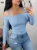 Kadın Uzun Kollu Madonna Yaka Askılı Krop Kaşkorse Bluz - 2XL-3XL - Mavi 1