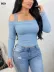 Kadın Uzun Kollu Madonna Yaka Askılı Krop Kaşkorse Bluz - L-XL - Mavi 3