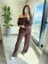 Kadın Uzun Kollu Tek Omuzdan Açık Modal Bluz Ve Pantolon Ikili Takım - L-XL - Kahve 2