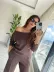 Kadın Uzun Kollu Tek Omuzdan Açık Modal Bluz Ve Pantolon Ikili Takım - L-XL - Kahve 3