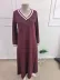 Kadın Uzun Kollu V Yakalı Cepli Uzun Viskon Iki Iplik Elbise - 2XL-3XL - Bordo 4
