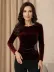 Kadın Uzun Kollu Yakası Açık Belden Taş Detaylı Kadife Bluz - 2XL-3XL - Bordo 2