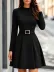 Kadın Uzun Kollu Yarı Balıkçı Yakalı Belinde Toka Detaylı Kısa Modal Elbise - 2XL-3XL - Siyah 2