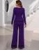 Kadın Uzun Kollu Yuvarlak Yakalı Tül Detaylı Ithal Krep Bluz Ve Pantolon Ikili Takım - 2XL-3XL - Mor 3