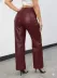 Kadın Yüksek Bel Cepli Deri Pantolon - L-XL - Kırmızı 3