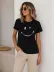 Minimal Gülümseyen Yüz Baskılı Tişört Kısa Kol Yazlık T-Shirt - Siyah - XS - Siyah 4