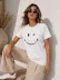 Minimal Gülümseyen Yüz Baskılı Tişört Kısa Kol Yazlık T-Shirt - Beyaz - S - Beyaz 4